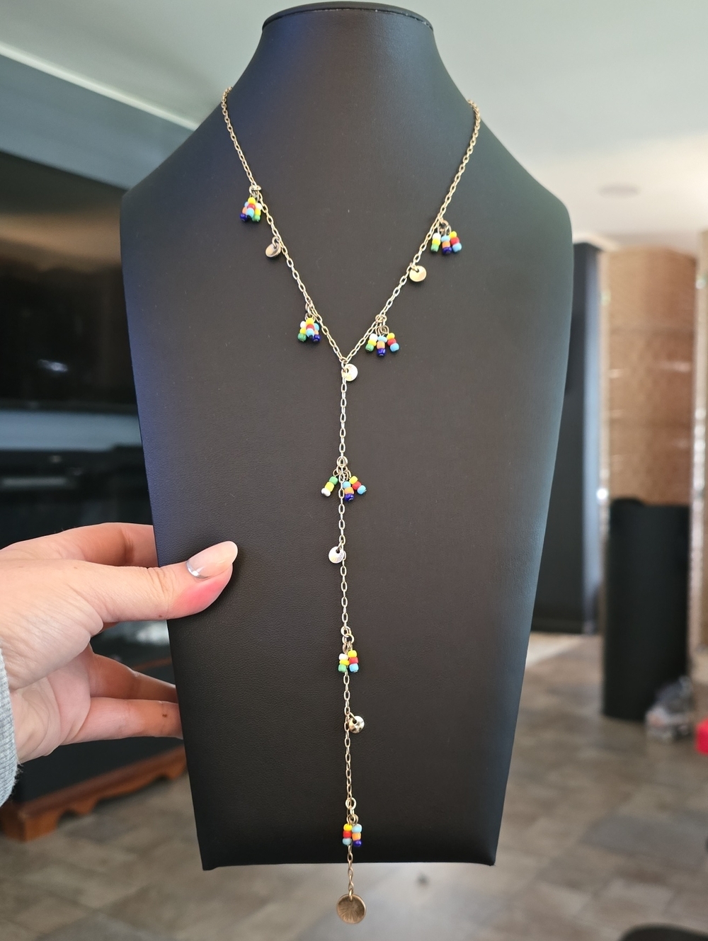 Gold Tone Multi-Color Beaded Lariat Necklace